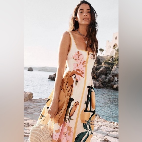 Anthropologie Maeve Lemon Floral Sleeveless Notched Square-Neck Midi Dress - Picture 13 of 15